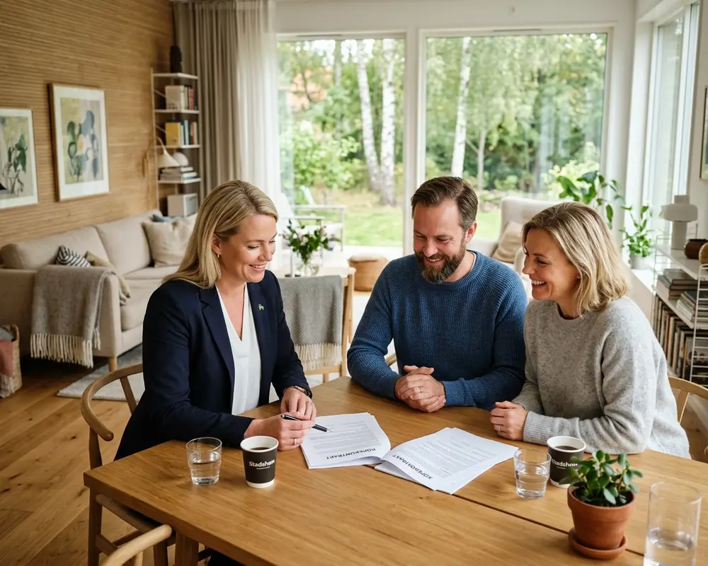 Mäklare som går igenom ett arvodesförslag med säljare